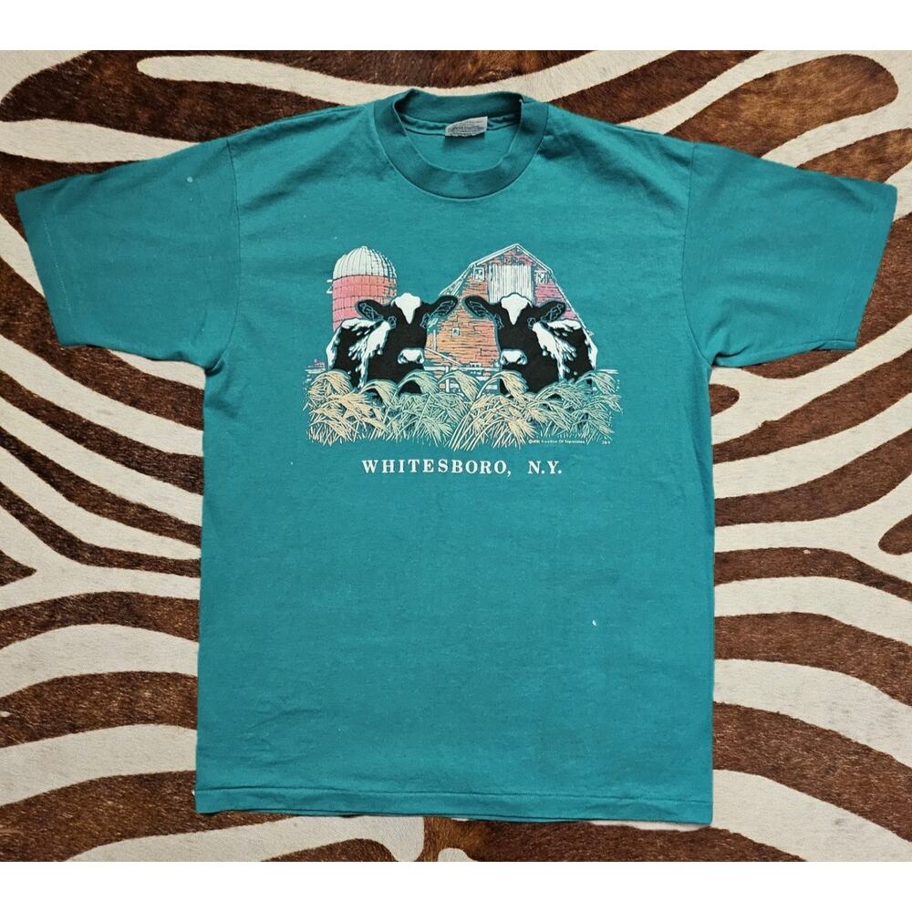Vintage 1991 Whitesboro, N.Y. Neon Cows Graphic Blue T-Shirt Size L Made In USA